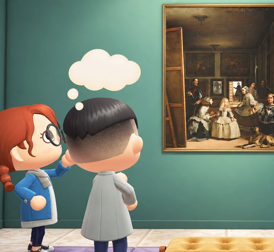 Visitantes ante una pintura en Animal Crossing, imagen reproducida en el panel.