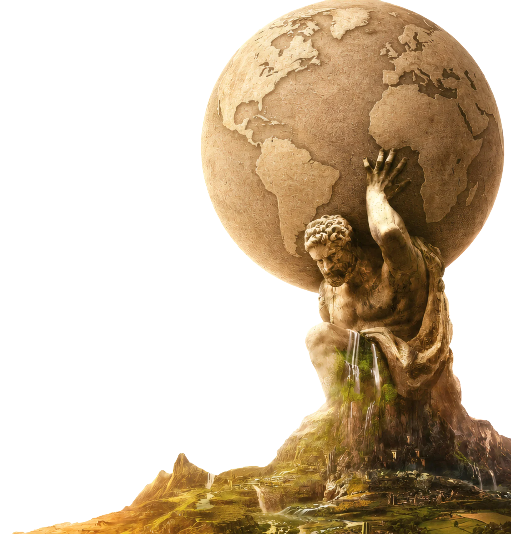 Atlas sostiene un globo terráqueo en la ilustración del panel de Civilization.