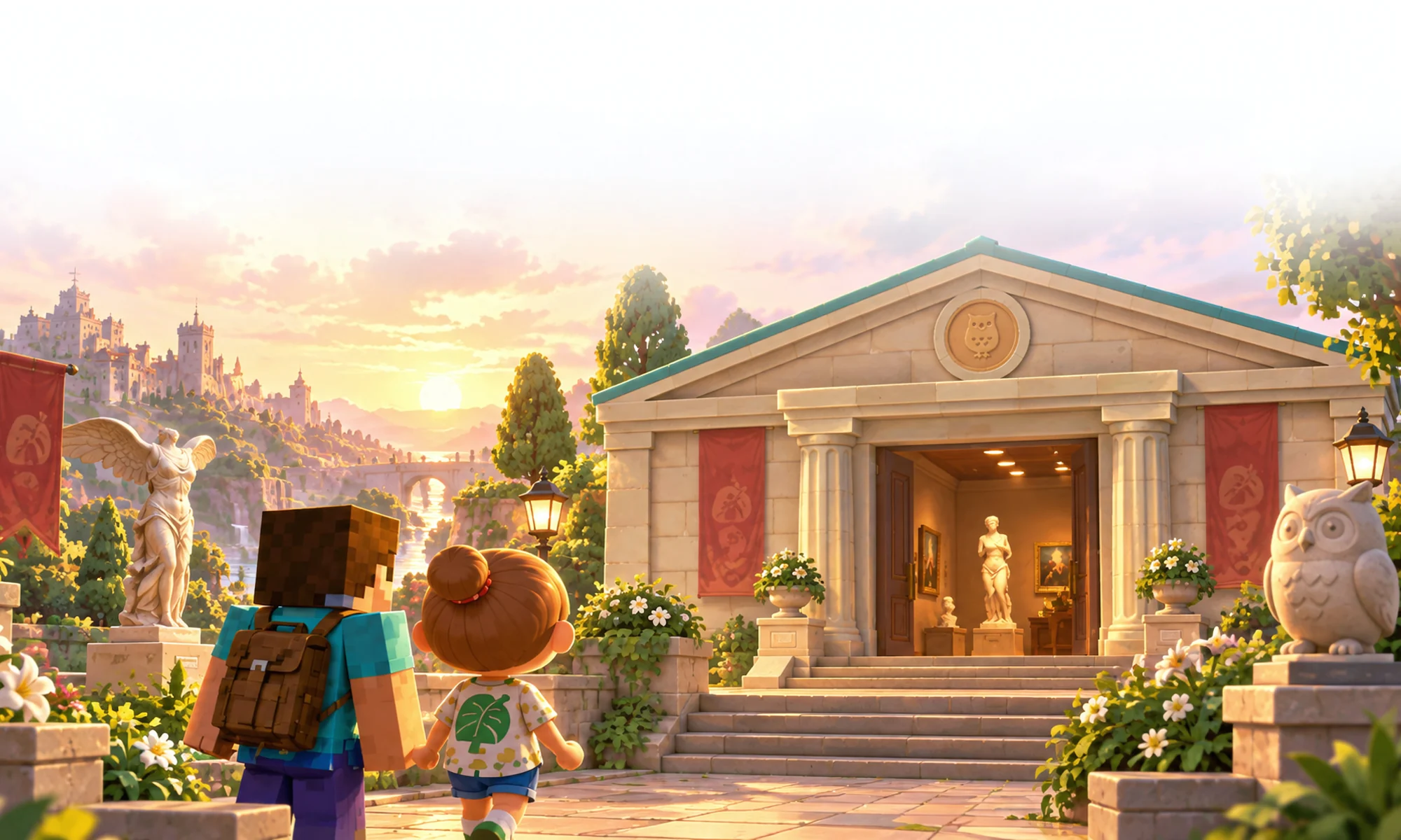 Ilustración de un museo y personajes del panel sobre juegos sandbox.