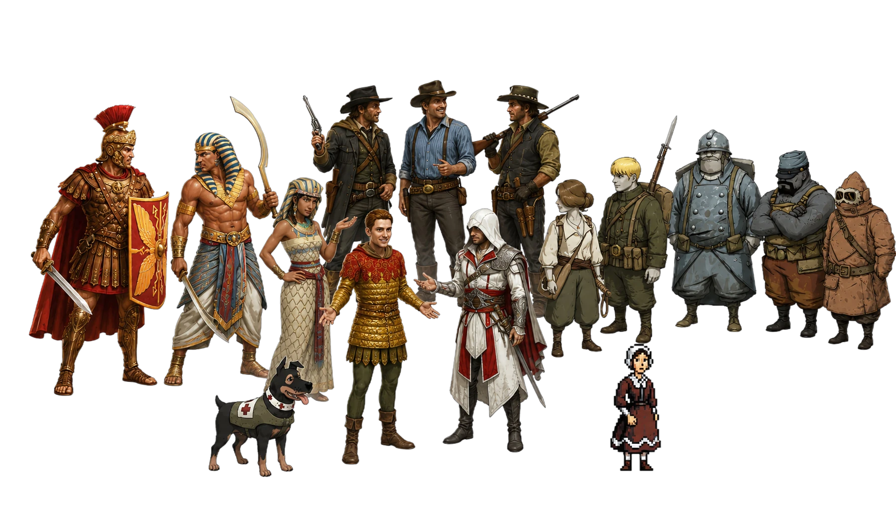 Composición de personajes que aparece en el panel introductorio.