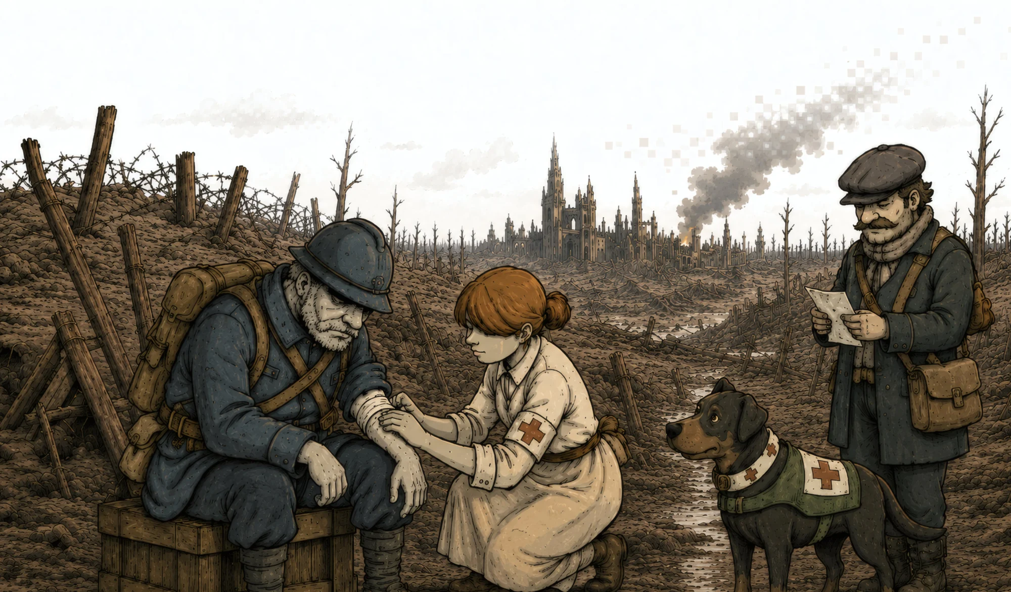Ilustración de soldados y civiles del panel sobre la Primera Guerra Mundial.